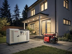 A modern two-story home with exterior lighting showcasing two electric generators placed on a paved patio